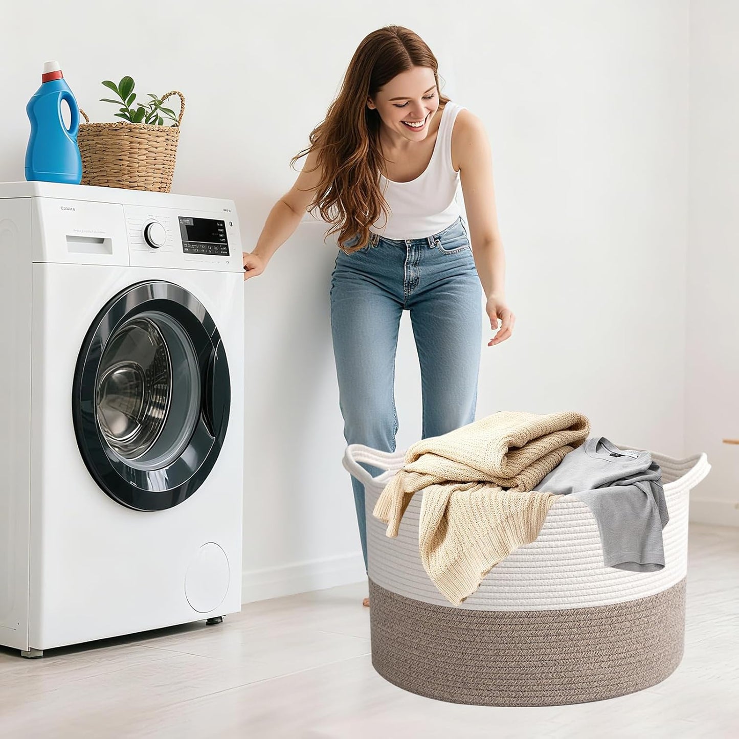 Large Woven Blanket Basket,65L Cotton Rope Laundry Basket Hamper with Handles, Decorative Nursery Basket Storage Bin for Toys, Clothes Organizer, Living Room, Bedroom, Bathroom, White & Brown
