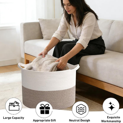 Large Woven Blanket Basket,65L Cotton Rope Laundry Basket Hamper with Handles, Decorative Nursery Basket Storage Bin for Toys, Clothes Organizer, Living Room, Bedroom, Bathroom, White & Brown