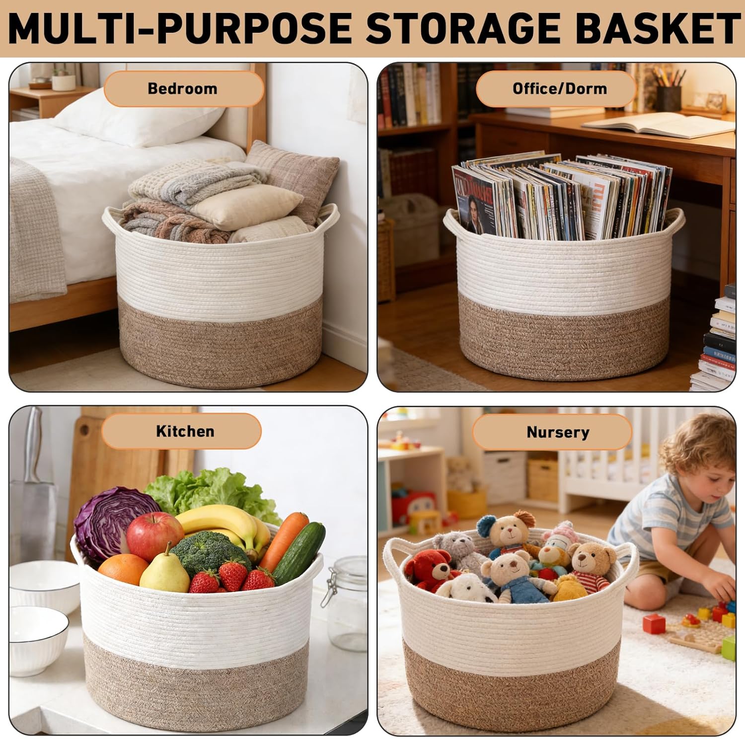 Large Woven Blanket Basket,65L Cotton Rope Laundry Basket Hamper with Handles, Decorative Nursery Basket Storage Bin for Toys, Clothes Organizer, Living Room, Bedroom, Bathroom, White & Brown