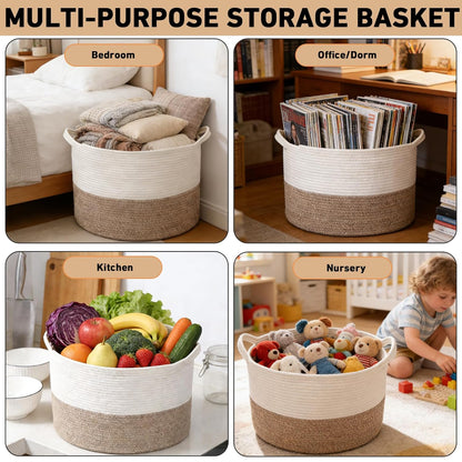 Large Woven Blanket Basket,65L Cotton Rope Laundry Basket Hamper with Handles, Decorative Nursery Basket Storage Bin for Toys, Clothes Organizer, Living Room, Bedroom, Bathroom, White & Brown