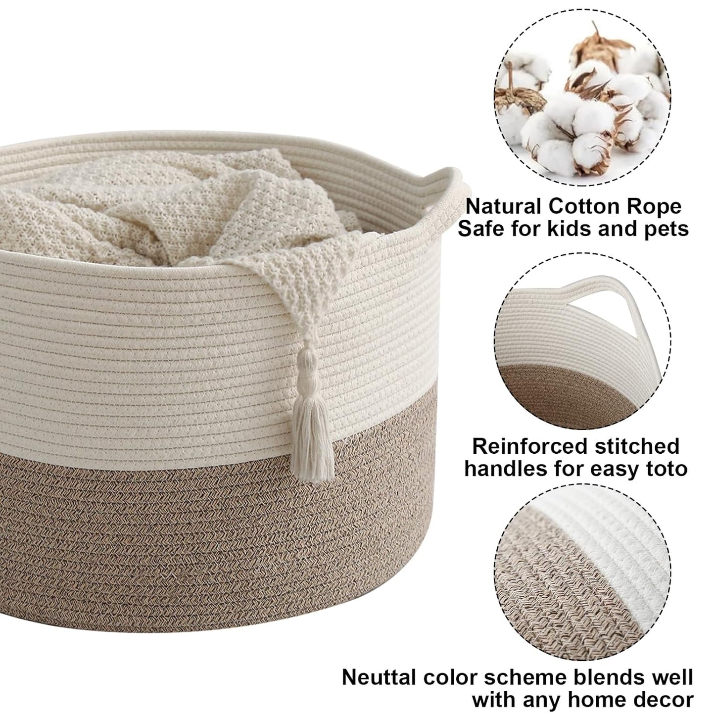 Large Woven Blanket Basket,65L Cotton Rope Laundry Basket Hamper with Handles, Decorative Nursery Basket Storage Bin for Toys, Clothes Organizer, Living Room, Bedroom, Bathroom, White & Brown
