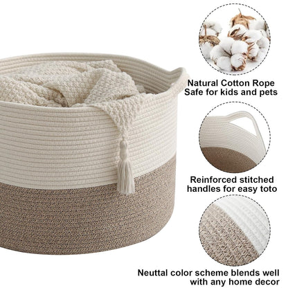 Large Woven Blanket Basket,65L Cotton Rope Laundry Basket Hamper with Handles, Decorative Nursery Basket Storage Bin for Toys, Clothes Organizer, Living Room, Bedroom, Bathroom, White & Brown